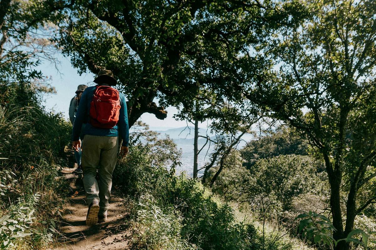 A person hiking uphill on a wooded trail at sunrise; nature walk hiking is good exercise